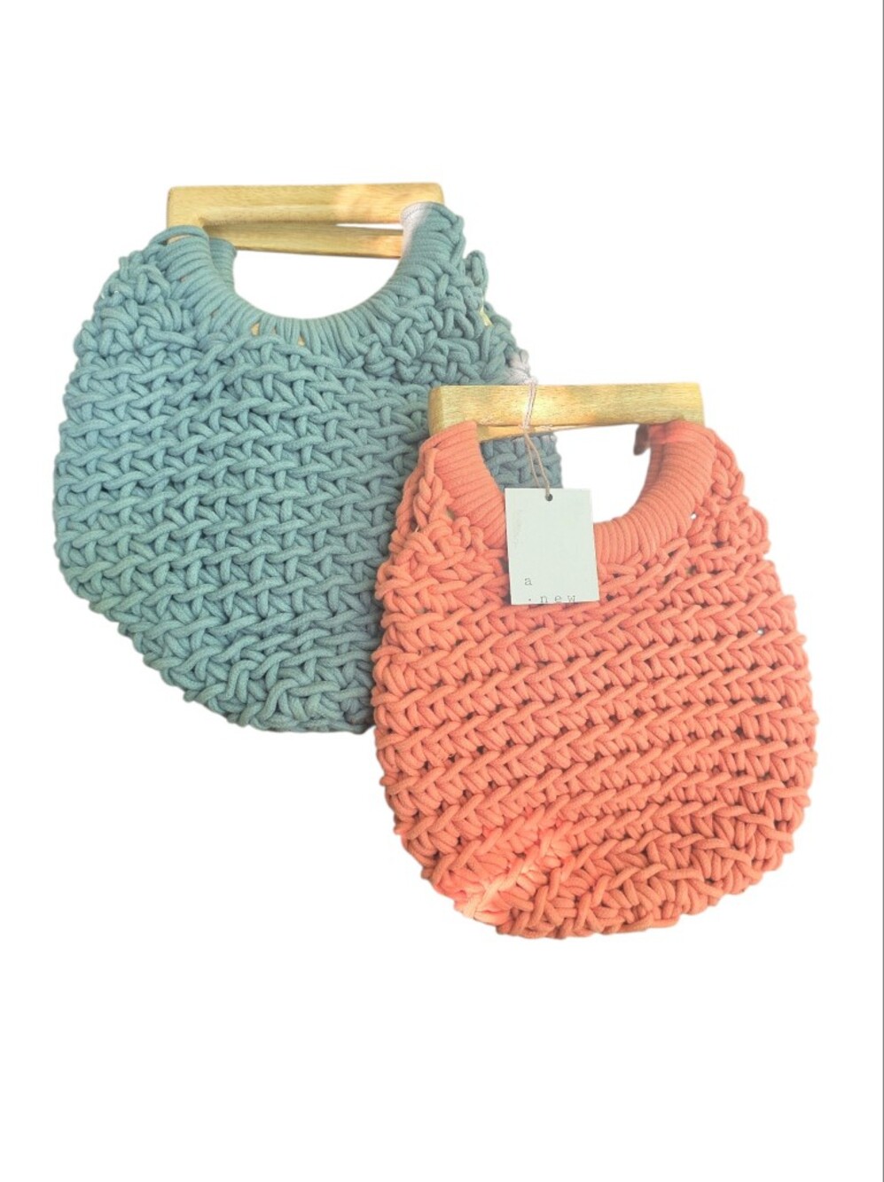 NWT PAIR Of Hand-Knit Chunky BAGS- Coral and DUSTY blue